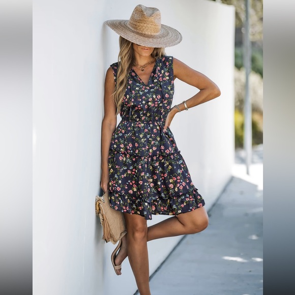 Sprig & Blossom Floral Mini Dress. Floral Sleeveless Dress - Black - Picture 2 of 5